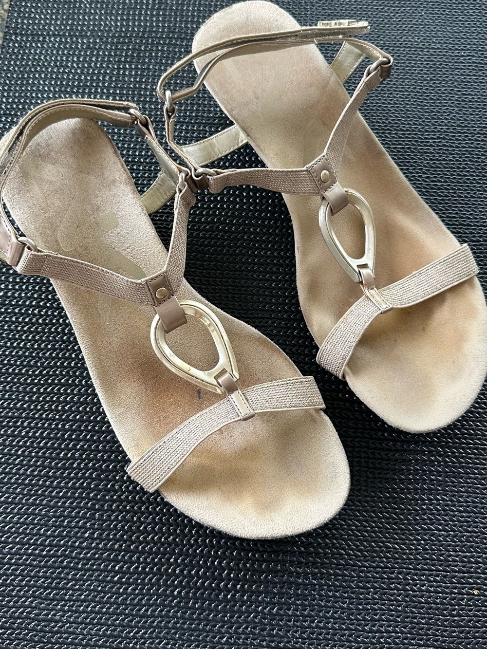 Anne Klein Sport Beige T-Strap Sandals with Gold Accent